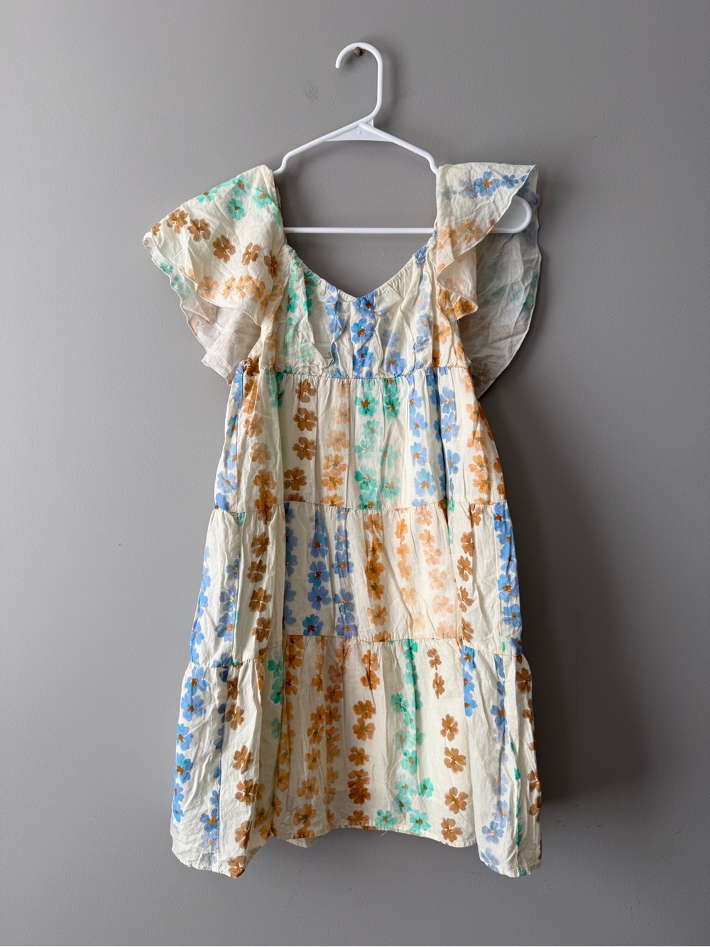 Zara Cream Floral Tiered Dress with Blue & Green Accents 11-12 size